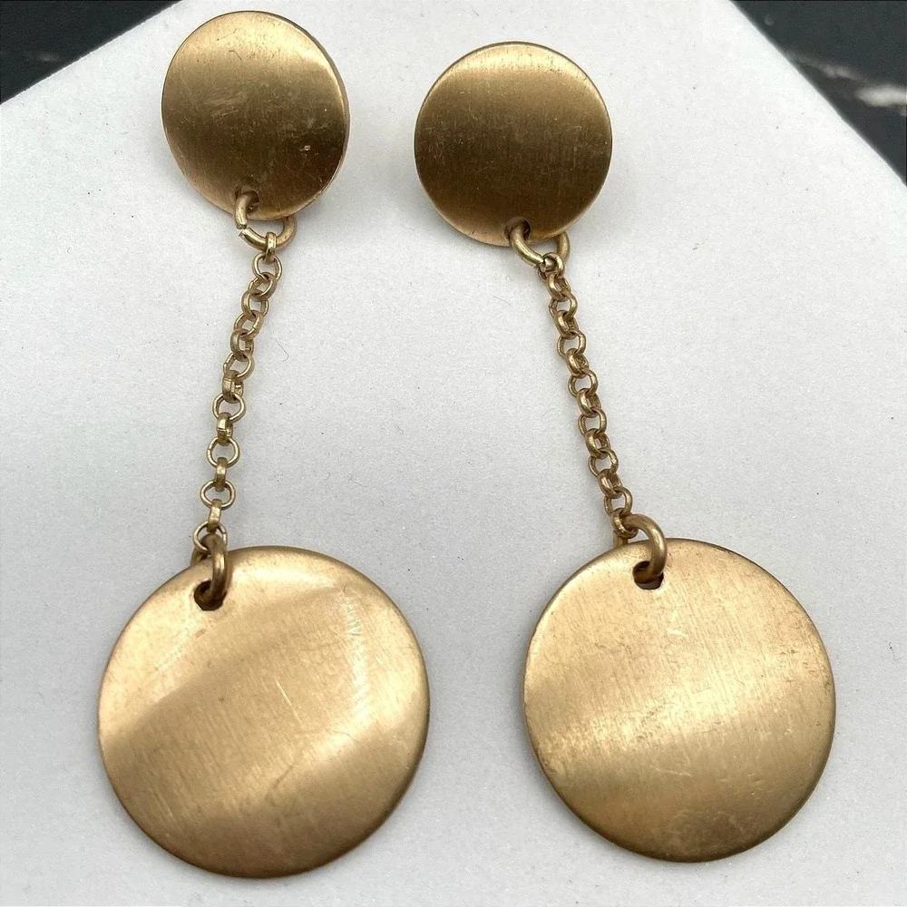 Contemporary Gold-Tone Classic Round Link Chain Double Disc Drop Dangle Earrings